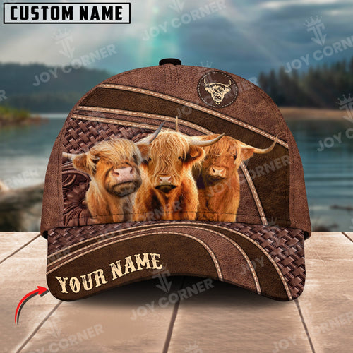 Joycorners Highland Personalized Name Brown Carving Leather Pattern 3D Classic Cap 1
