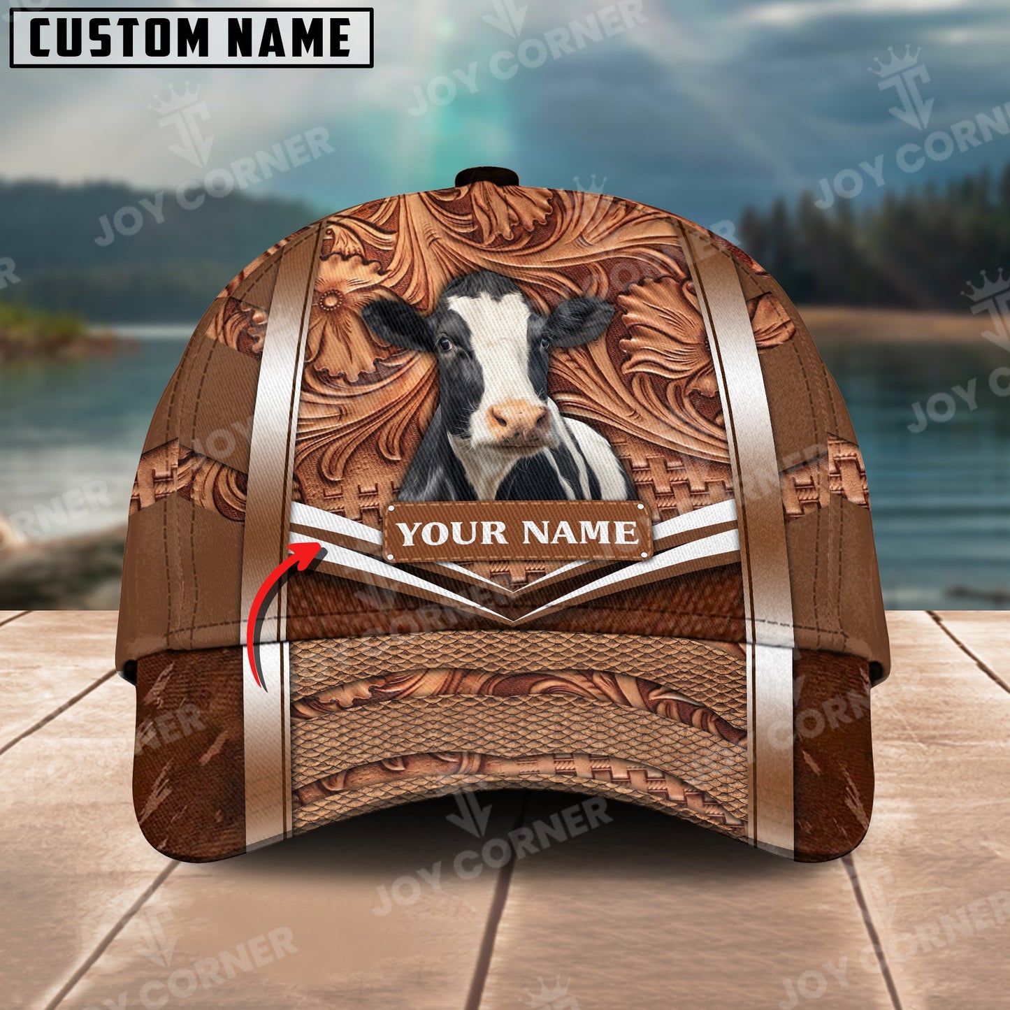 Joycorners Holstein Personalized Name Brown Carving Leather Pattern 3D Classic Cap