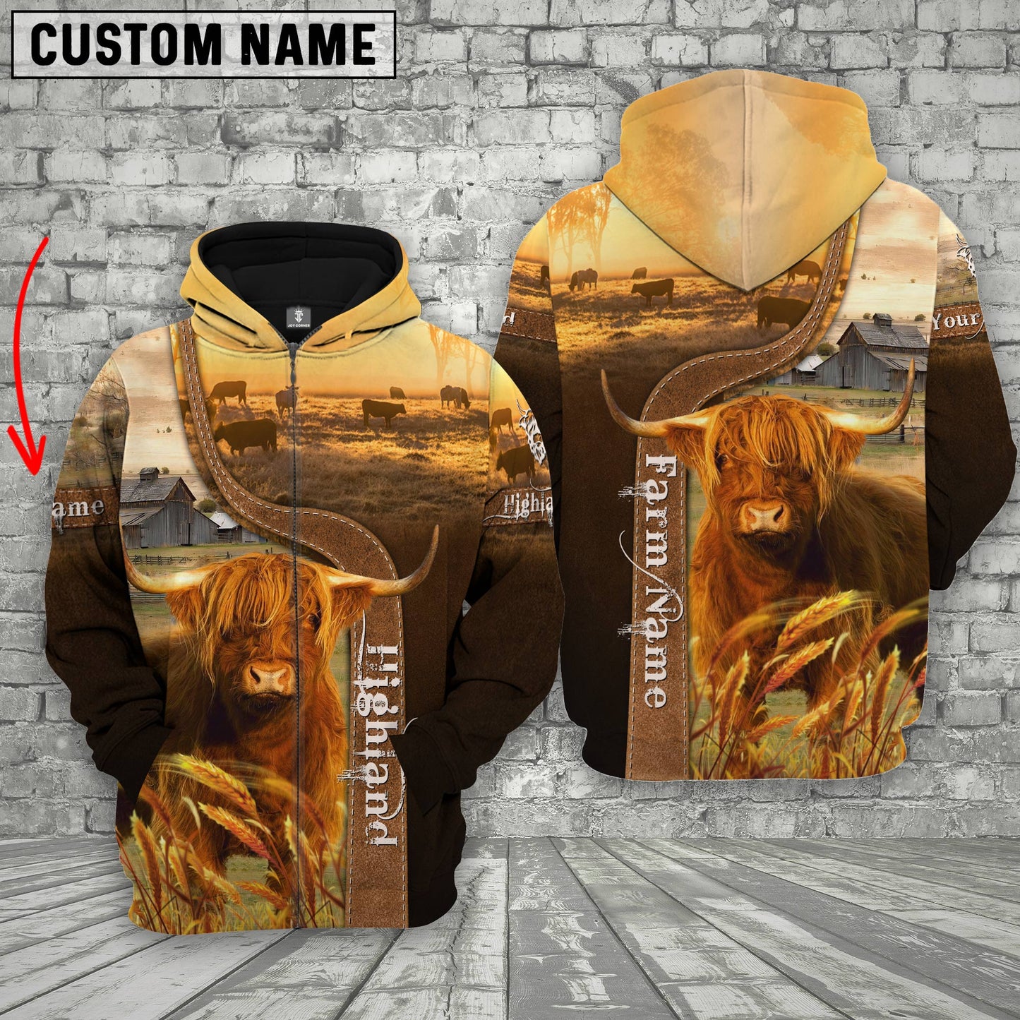 Joycorners Farm Custom Name Highland Cattle Brown Gold 3D Printed Hoodie