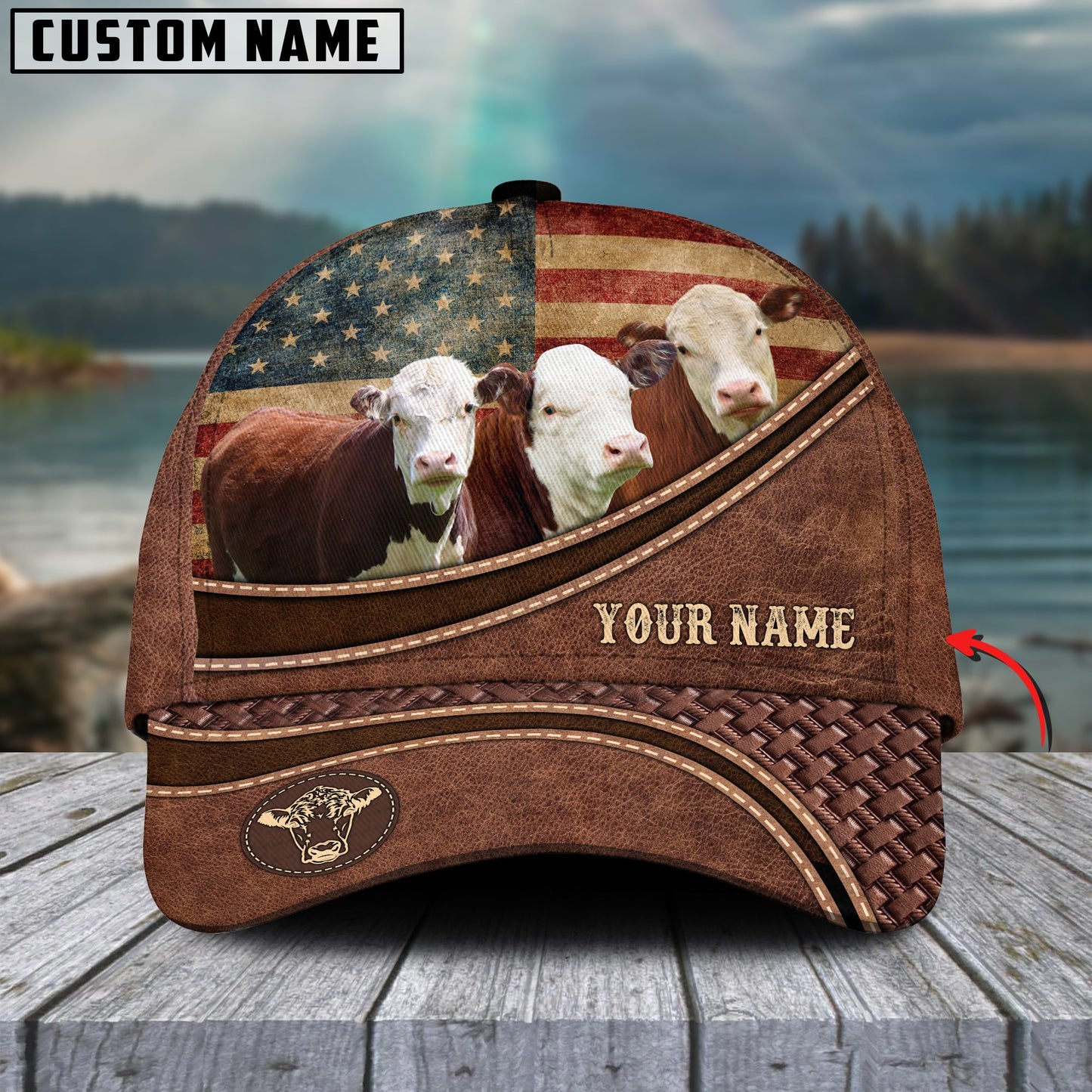 Joycorners Hereford Cattle US Flag Personalized Name Brown Carving Leather Pattern 3D Classic Cap