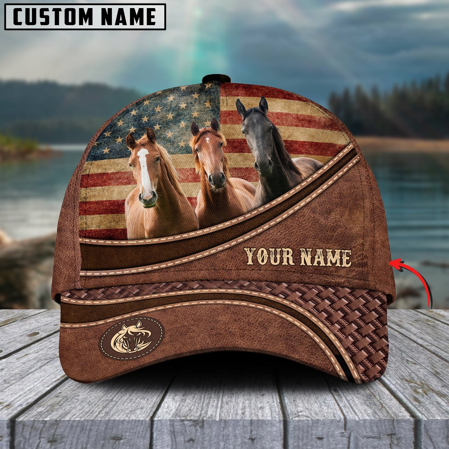 Joycorners Horse Cattle US Flag Personalized Name Brown Carving Leather Pattern 3D Classic Cap