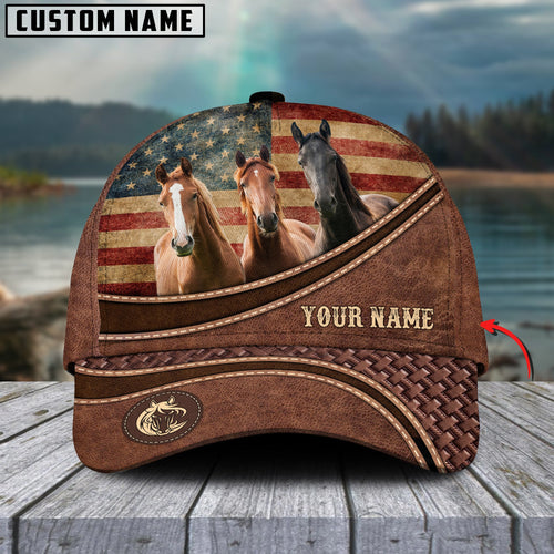 Joycorners Horse Cattle US Flag Personalized Name Brown Carving Leather Pattern 3D Classic Cap