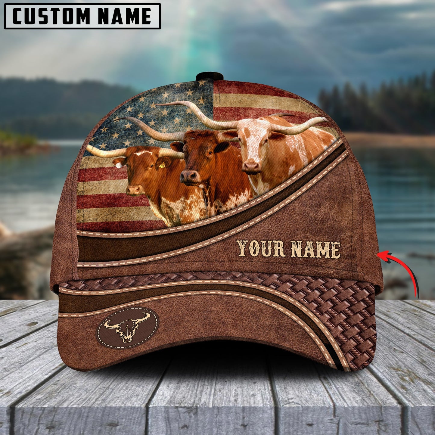 Joycorners Texas Longhorn Cattle US Flag Personalized Name Brown Carving Leather Pattern 3D Classic Cap