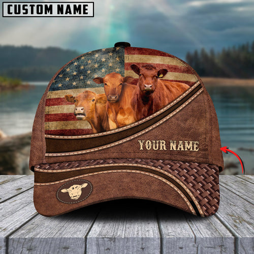 Joycorners Red Angus Cattle US Flag Personalized Name Brown Carving Leather Pattern 3D Classic Cap