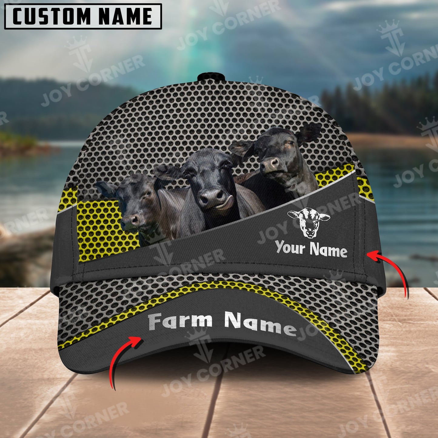 Joycorners Black Angus Customized Name And Farm Name Metal 3D Classic Cap