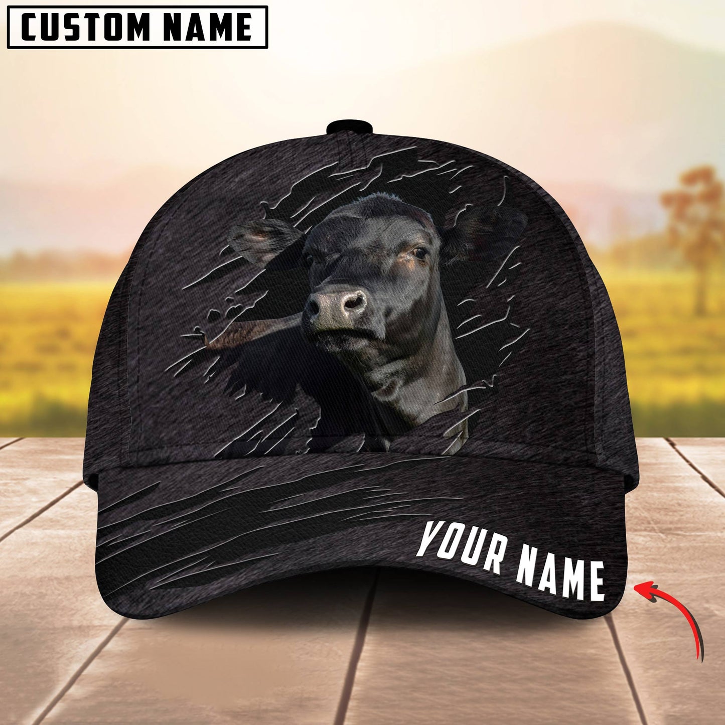 Joycorners Customized Name Black Angus Leather Pattern 3D Classic Cap