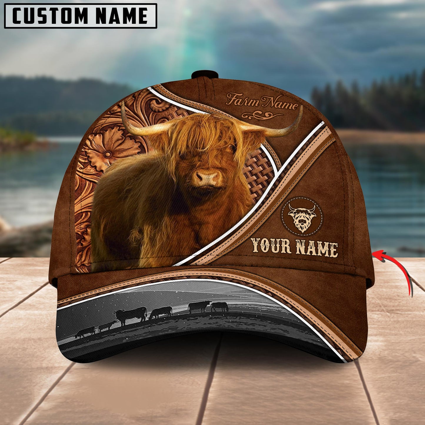 Gorustic Farm Highland Cattle Personalized Name Carving Leather Pattern 3D Classic Cap
