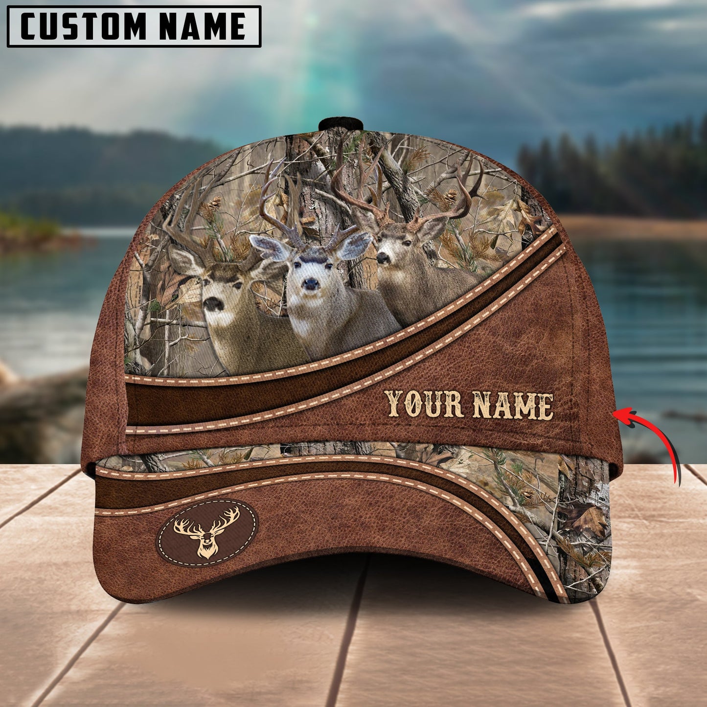 Cornbee Hunting Personalized Name Brown Leather Pattern 3D Classic Cap