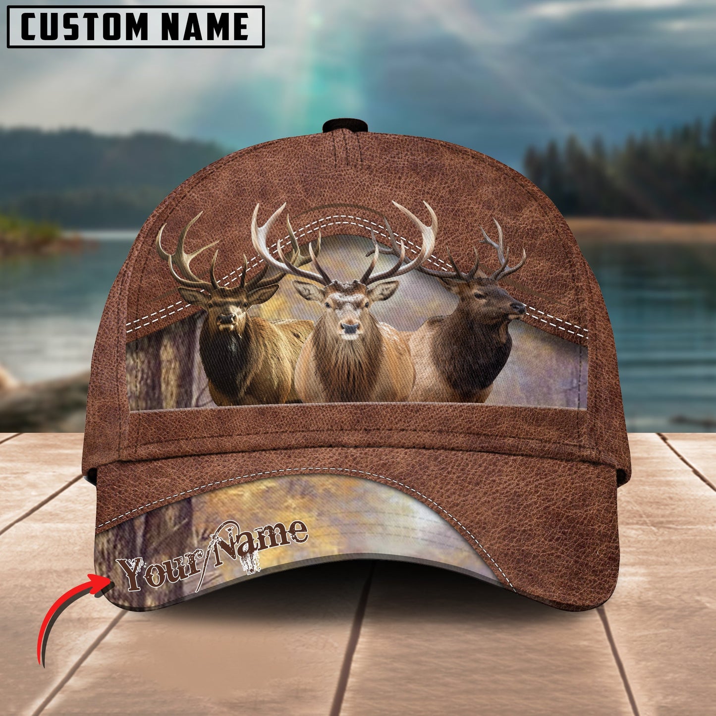 Joycorners Deer Hunting Personalized Name Brown Leather Pattern 3D Classic Cap