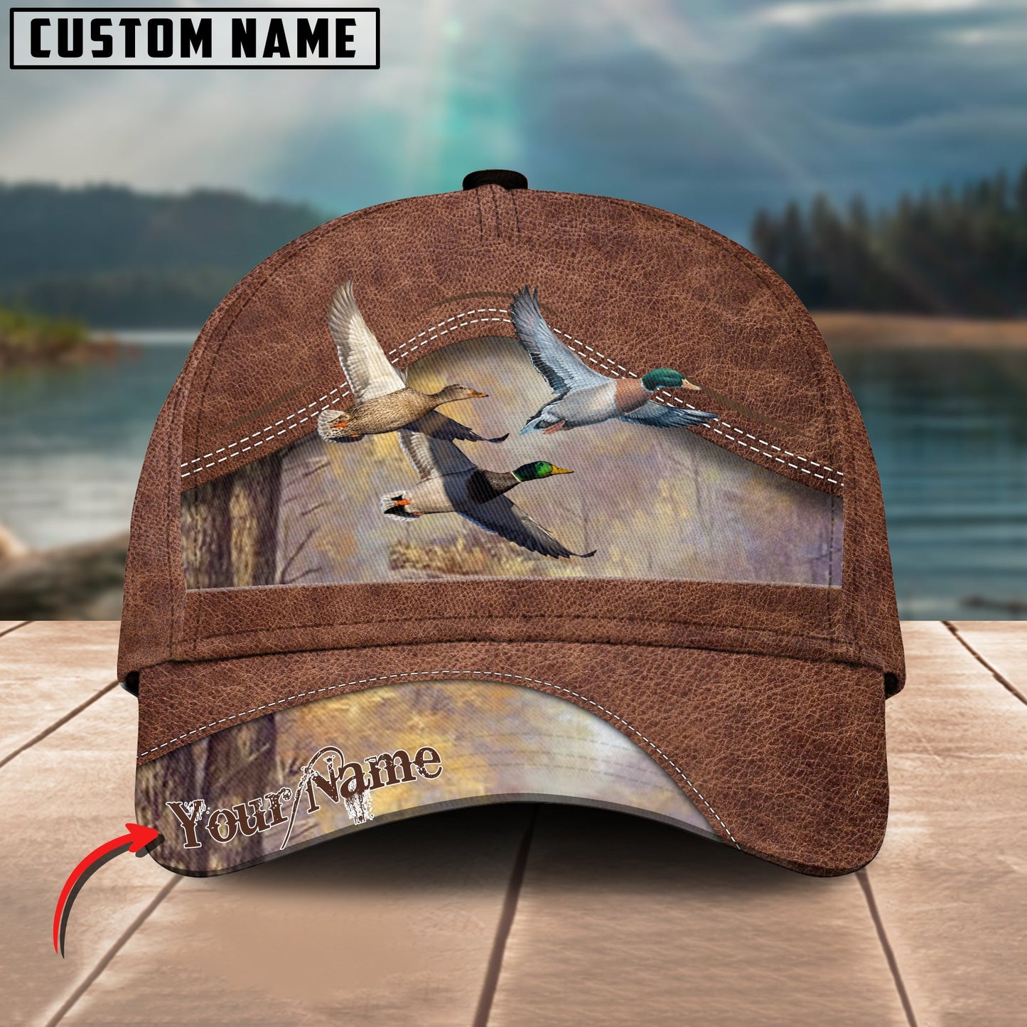Joycorners Deer Hunting Personalized Name Brown Leather Pattern 3D Classic Cap