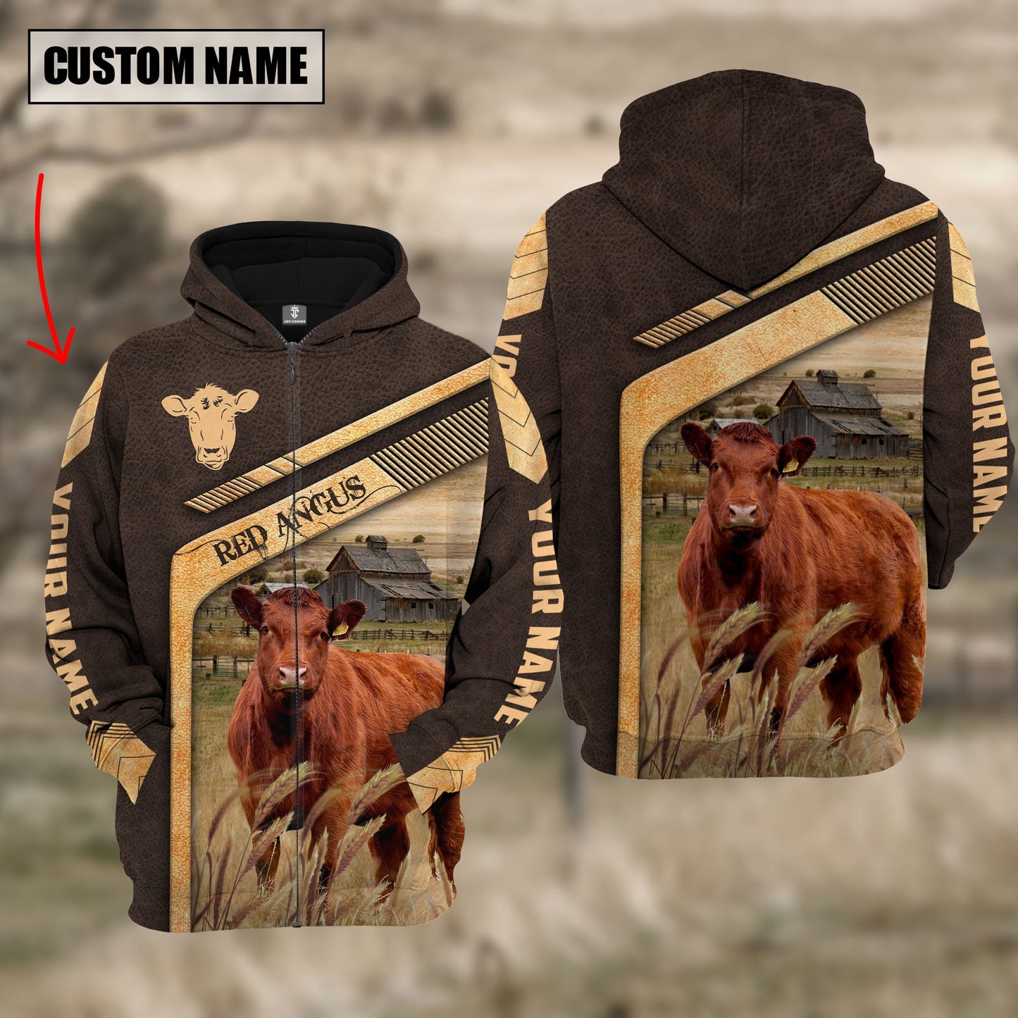 Joycorners Red Angus On The Meadow Custom Name Hoodie
