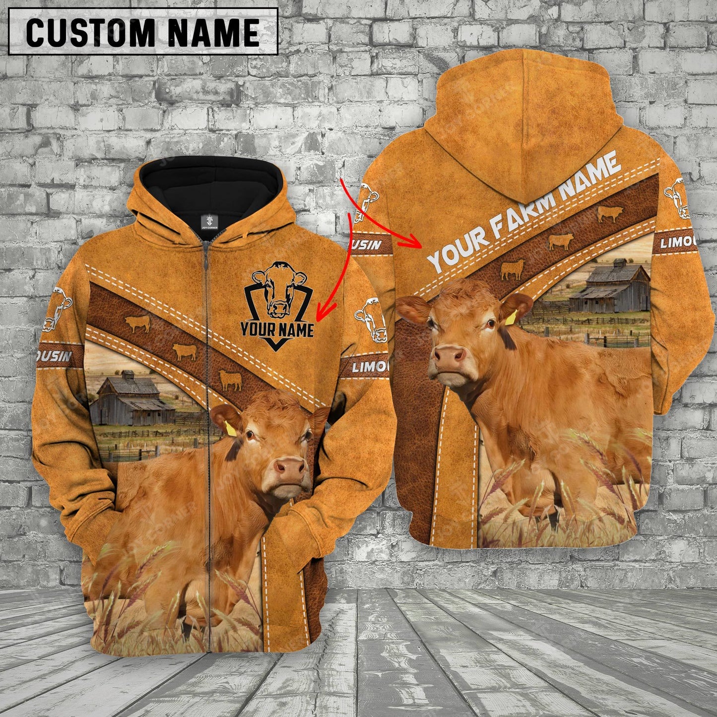 Joycorners Limousin 3D Customized Name - Farm Name Hoodie
