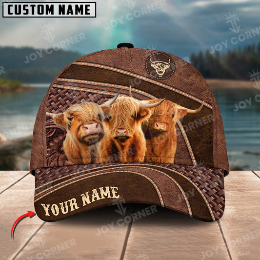 Joycorners Highland Personalized Name Brown Carving Leather Pattern 3D Classic Cap 1