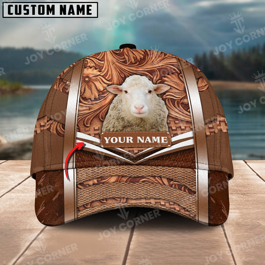 Joycorners Sheep Personalized Name Brown Carving Leather Pattern 3D Classic Cap