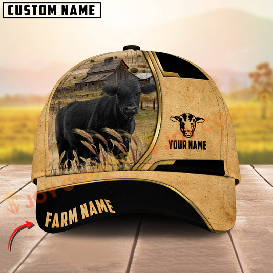 Joycorners Black Aungus Vintage Yellow Golden Line Pattern On Farm Customized Name 3D Classic Cap