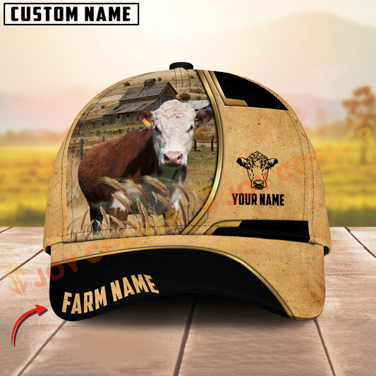 Joycorners Hereford Vintage Yellow Golden Line Pattern On Farm Customized Name 3D Classic Cap