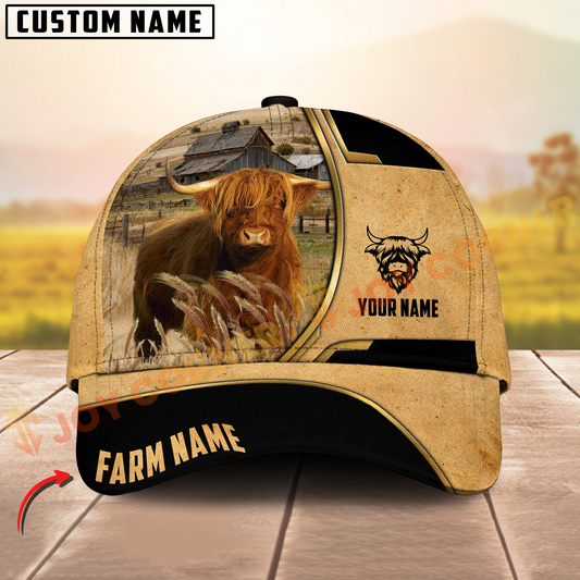 Joycorners Highland Cattle Vintage Yellow Golden Line Pattern On Farm Customized Name 3D Classic Cap
