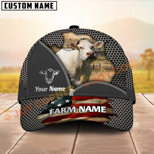 Joycorners Charolais American Flag Mesh On Farm Customized Name 3D Classic Cap