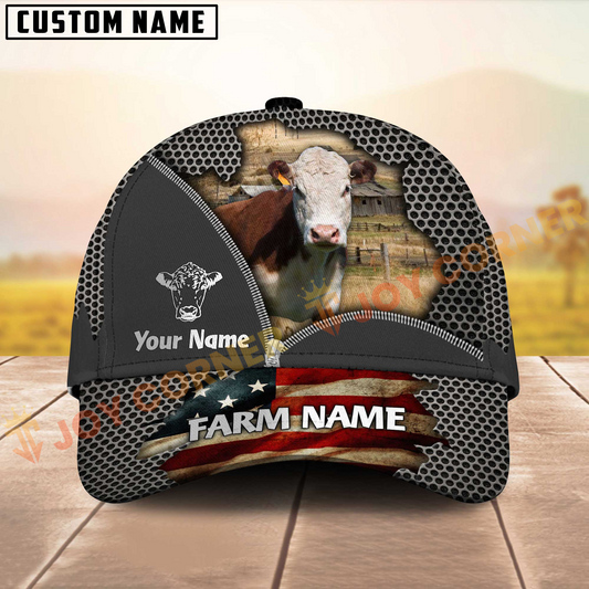 Joycorners Hereford American Flag Mesh On Farm Customized Name 3D Classic Cap
