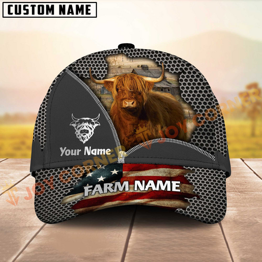 Joycorners Highland Cattle American Flag Mesh On Farm Customized Name 3D Classic Cap