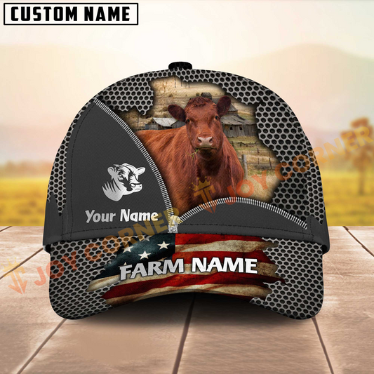 Joycorners Red Angus American Flag Mesh On Farm Customized Name 3D Classic Cap