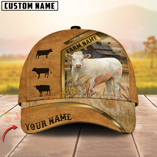 Joycorners Charolais Retro Brown Golden Line Pattern On Farm Customized Name 3D Classic Cap