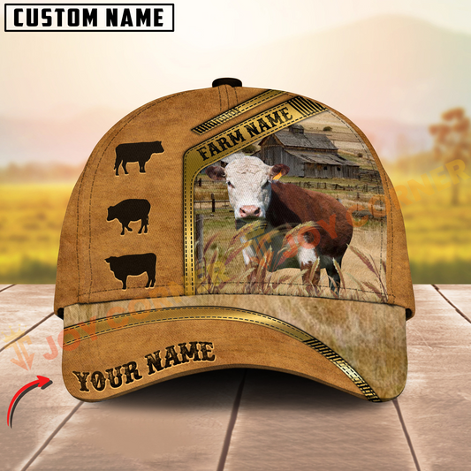 Joycorners Hereford Retro Brown Golden Line Pattern On Farm Customized Name 3D Classic Cap