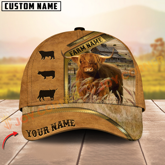 Joycorners Highland Cattle Retro Brown Golden Line Pattern On Farm Customized Name 3D Classic Cap