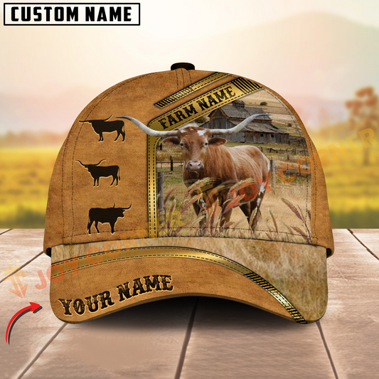 Joycorners Texas Longhorn Retro Brown Golden Line Pattern On Farm Customized Name 3D Classic Cap