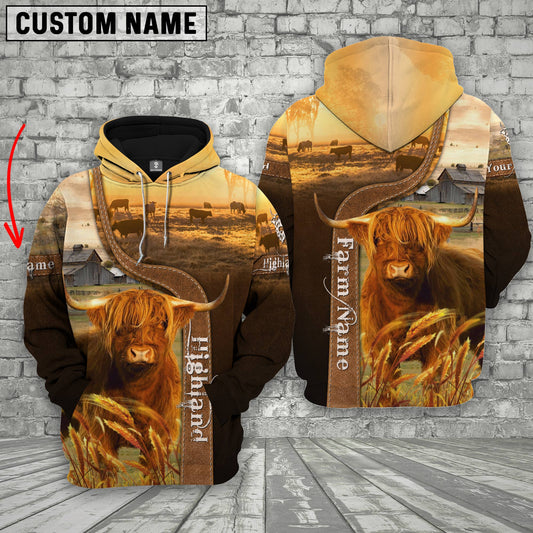 Joycorners Farm Custom Name Highland Cattle Brown Gold 3D Printed Hoodie