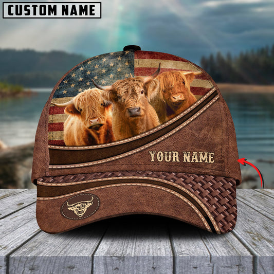 Joycorners Highland Cattle US Flag Personalized Name Brown Carving Leather Pattern 3D Classic Cap
