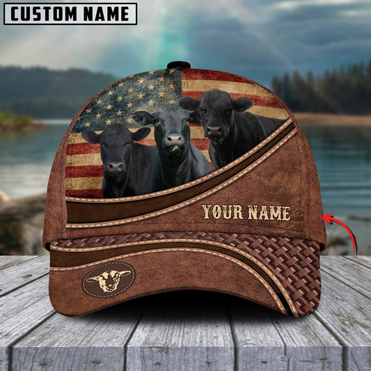 Joycorners Black Angus US Flag Personalized Name Brown Carving Leather Pattern 3D Classic Cap