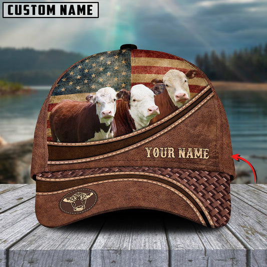 Joycorners Hereford Cattle US Flag Personalized Name Brown Carving Leather Pattern 3D Classic Cap