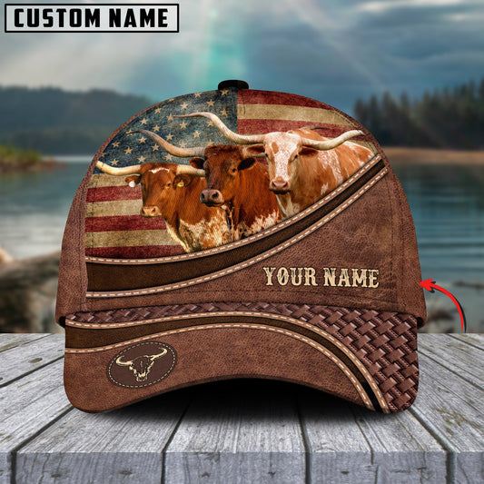 Joycorners Texas Longhorn Cattle US Flag Personalized Name Brown Carving Leather Pattern 3D Classic Cap