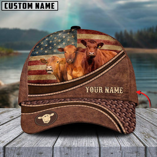 Joycorners Red Angus Cattle US Flag Personalized Name Brown Carving Leather Pattern 3D Classic Cap