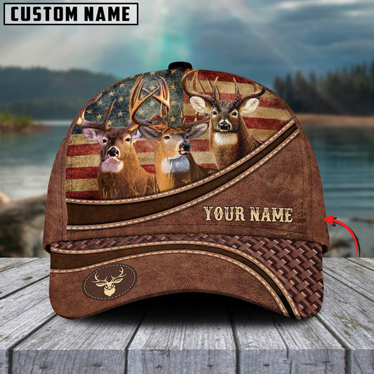 Joycorners Deer US Flag Personalized Name Brown Carving Leather Pattern 3D Classic Cap