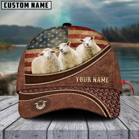 Joycorners Sheep US Flag Personalized Name Brown Carving Leather Pattern 3D Classic Cap