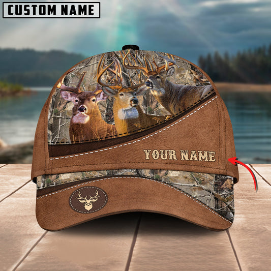 Joycorners Deer Hunting Brown Leather Pattern Customized Name 3D Classic Cap