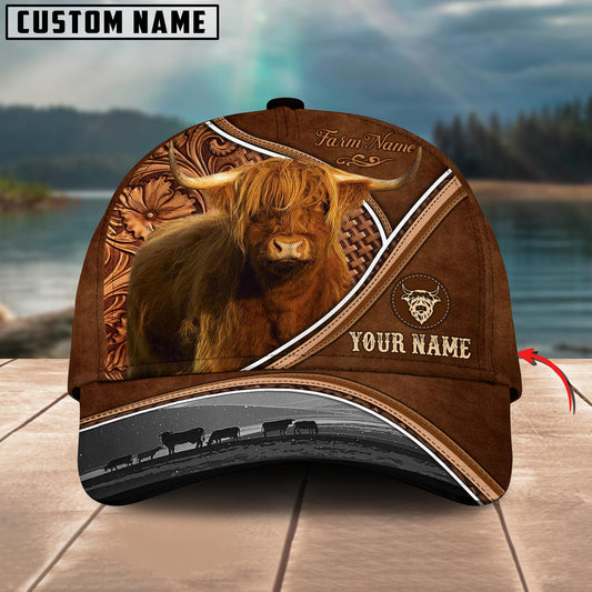 Gorustic Farm Highland Cattle Personalized Name Carving Leather Pattern 3D Classic Cap