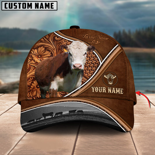 Gorustic Farm Hereford Cattle Personalized Name Carving Leather Pattern 3D Classic Cap