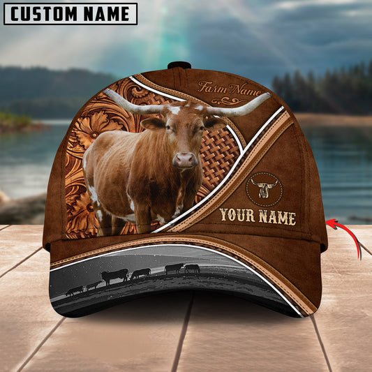 Gorustic Farm Texas Longhorn Cattle Personalized Name Carving Leather Pattern 3D Classic Cap