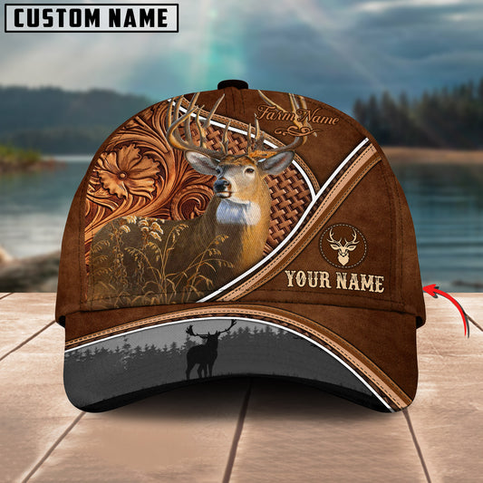 Gorustic Farm Deer Hunting Personalized Name Carving Leather Pattern 3D Classic Cap
