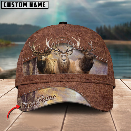 Joycorners Deer Hunting Personalized Name Brown Leather Pattern 3D Classic Cap