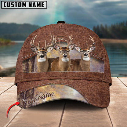 Joycorners Deer Hunting Personalized Name Brown Leather Pattern 3D Classic Cap